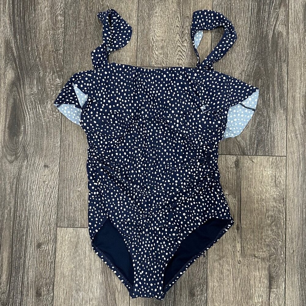 Kona Sol Navy Blue Polka Dot One-Piece Swimsuit, Size Medium (8-10) - Picture 3 of 9